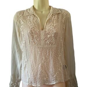 ECI Cream Silk Beaded Blouse Sheer Fancy Woman Size Small Boho Fairy
